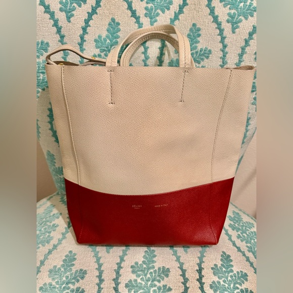 Celine Grained Calfskin Small Vertical Bi-Cabas Cream Red with COA - Picture 4 of 16